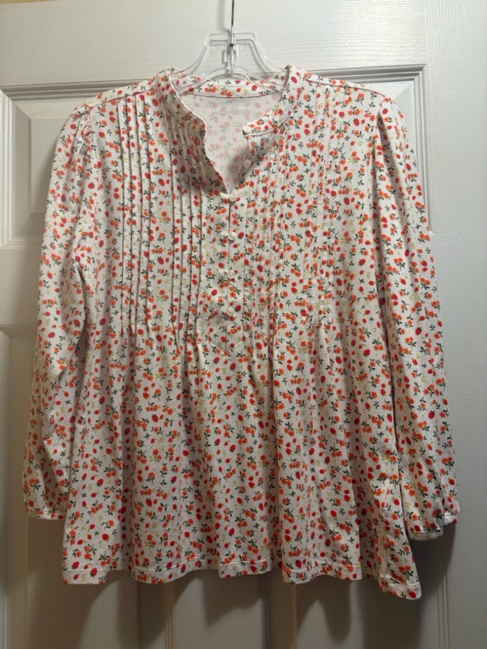 Lands' End White Tee with Pink Floral and Red Strawberry Accents